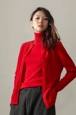 Women's Cashmere High Button Cardigan - Red