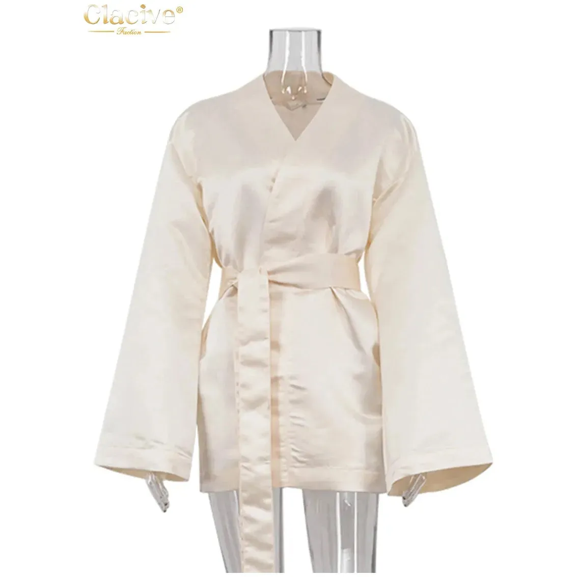 Women's Loose Beige Satin V-Neck Long Sleeve Kimono Jacket/Mini Dress