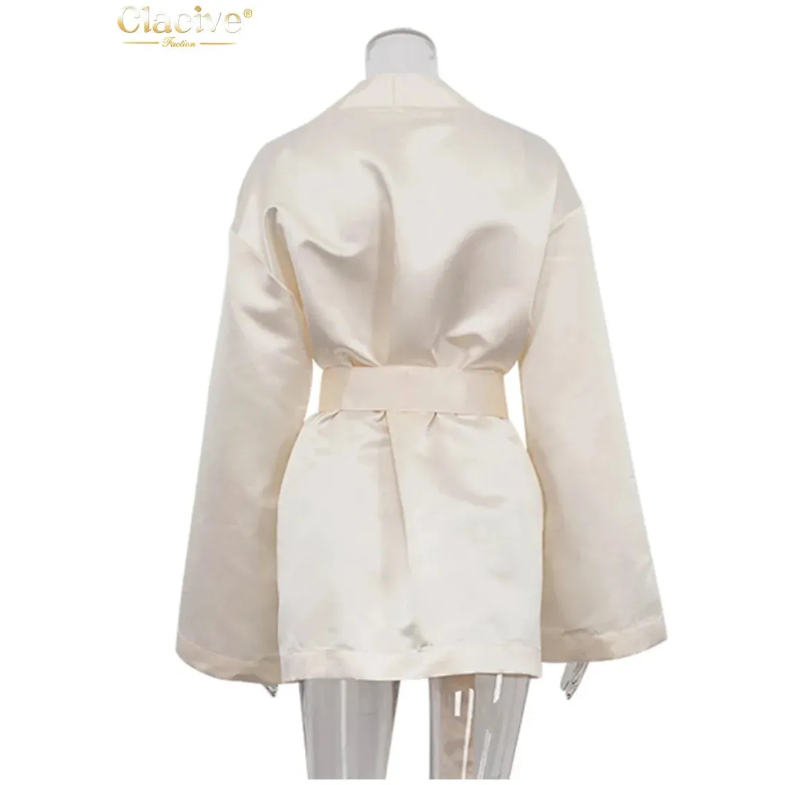 Women's Loose Beige Satin V-Neck Long Sleeve Kimono Jacket/Mini Dress