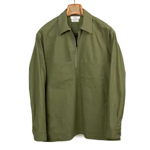 Zip popover shirt jacket in olive green exclusive slubby cotton oxford